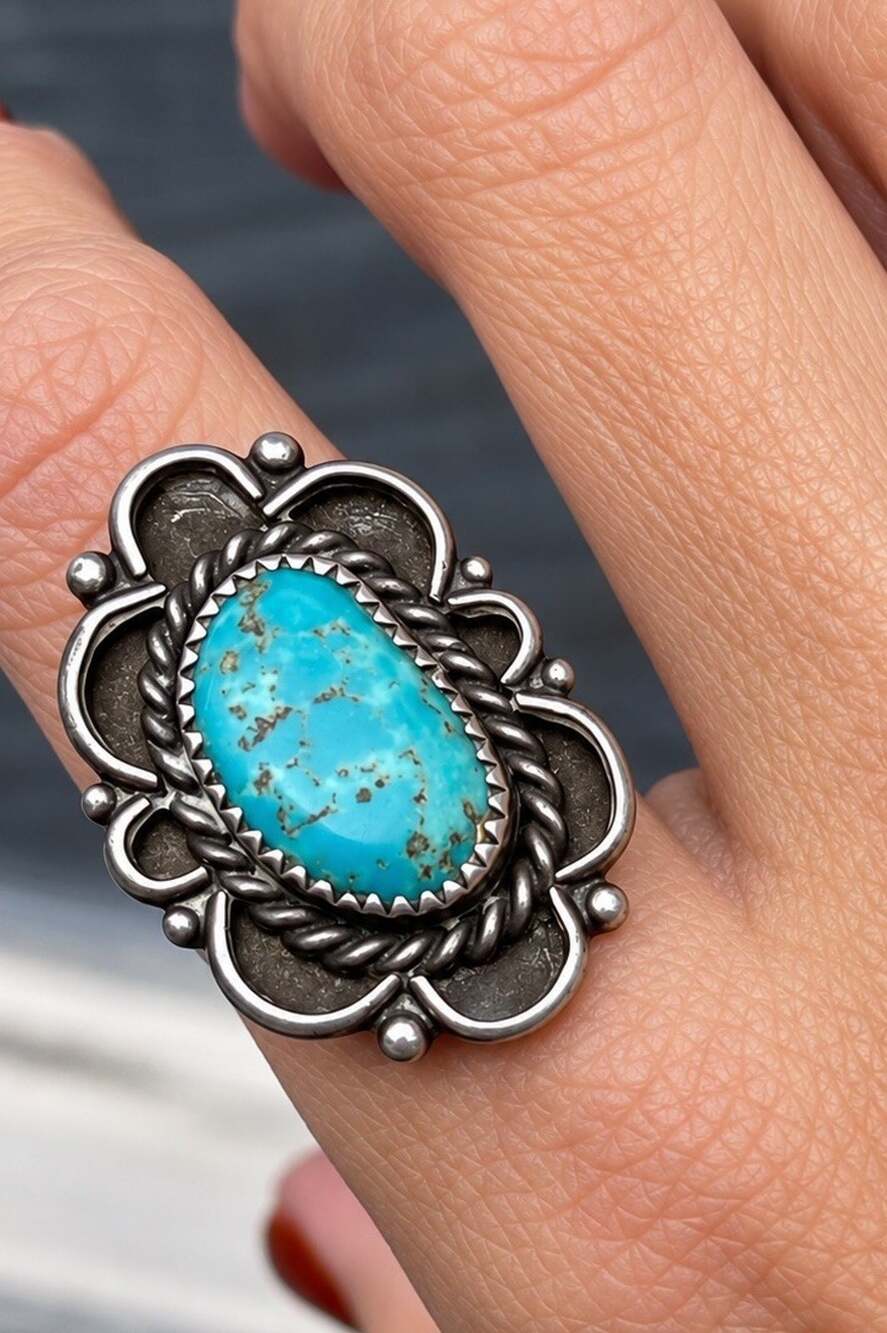 Joe Eby Signed Sterling Silver Turquoise Ring 8.5 Southwestern Floral Statement